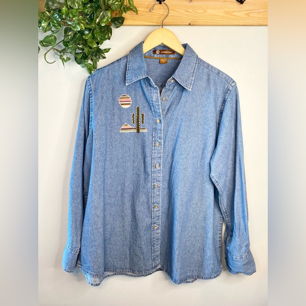 Vintage Denim Shirt Jean Cowboy Moon Cactus Appliqué Long Sleeve Jacket Hipster